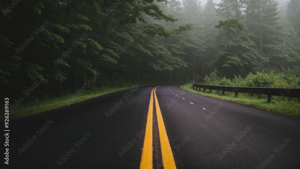 Path disappearing into a foggy lush green forest Path disappearing into a foggy lush green forest