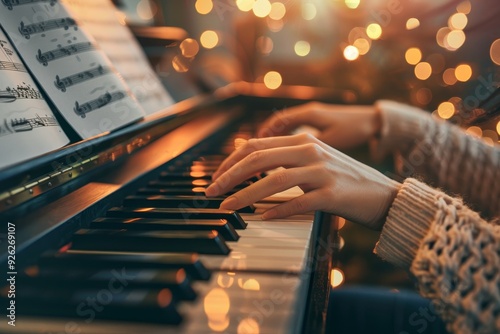 Close-Up of Fingers Dancing on Piano Keys with Sheet Music Behind. photo