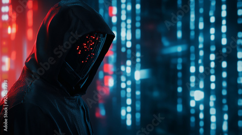 close up of an anonymous robotic hacker, symbolizing the fusion of advanced technology and cyber threats