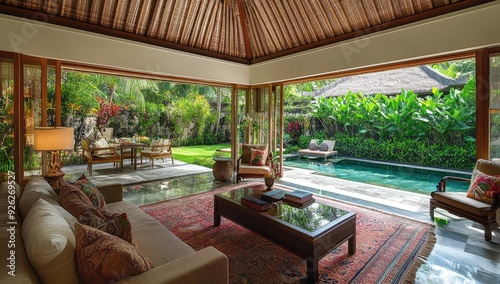 Tropical living room with pool view.