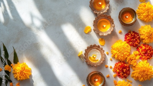 Top view of a traditional Indian pooja setup with offerings, flowers, and diya on a bright surface photo