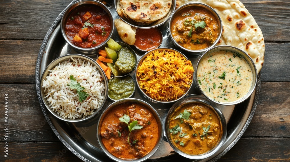 Top view of a traditional Indian thali with assorted dishes like biryani, curry, and naan Top view of a traditional Indian thali with assorted dishes like biryani, curry, and naan