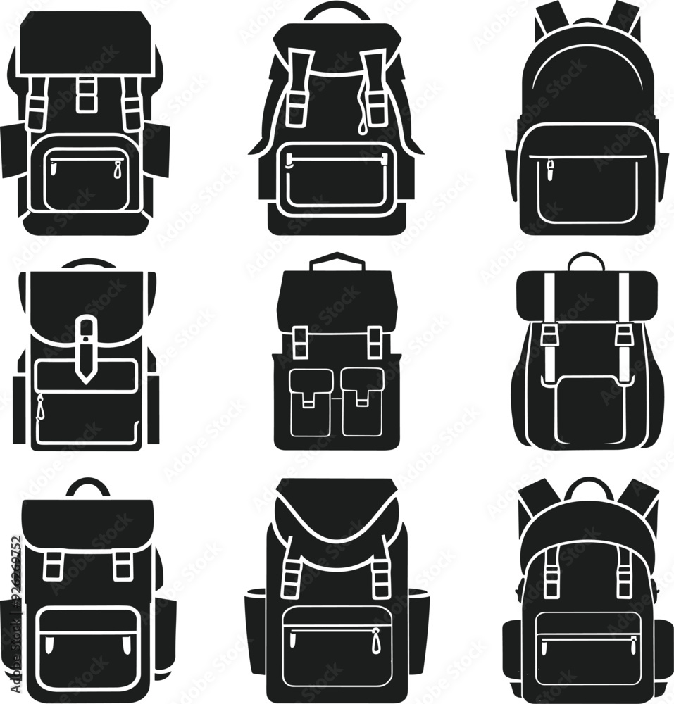 A set of minimalist backpack silhouette vector A set of minimalist backpack silhouette vector