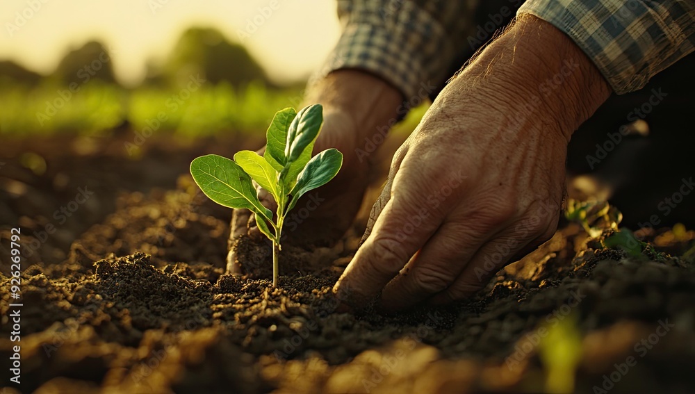 Fototapeta premium Hand planting a sapling in soil.