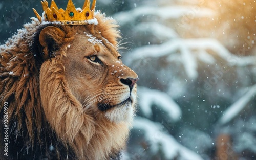 Side view face head portrait of lion king animal wearing a golden crown, copy space, snow falling, winter nature, standing outdoors. Royal wildcat power and strength, majestic leader wallpaper photo