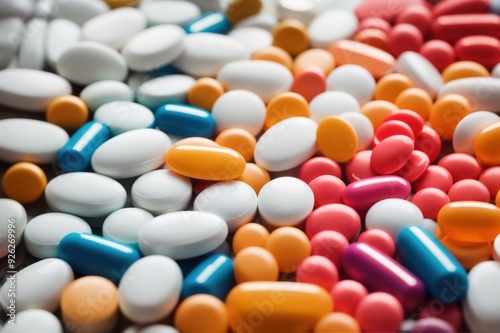 Pills and capsules with a mix of colors spread across a surface 