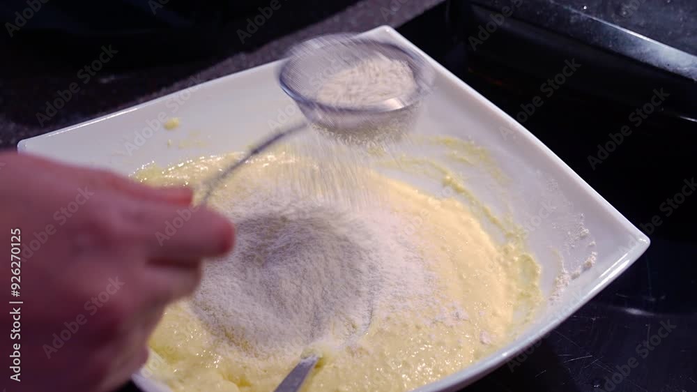 A woman's hand mixes the dough with the added flour with a spoon. Making pastries at home. A woman's hand mixes the dough with the added flour with a spoon. Making pastries at home.