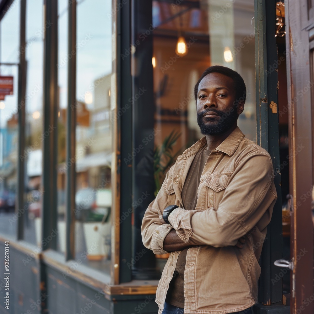 A person in a casual jacket stands confidently outside a storefront, urban background creating a blend of modernity and personal expression. A person in a casual jacket stands confidently outside a storefront, urban background creating a blend of modernity and personal expression.