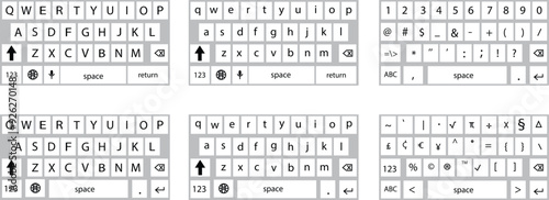 Set of smartphone keyboard in light mode, keypad alphabet, numerals buttons in trendy modern flat styles, mobile phone tab concepts for white color text app vectors isolated on transparent background.