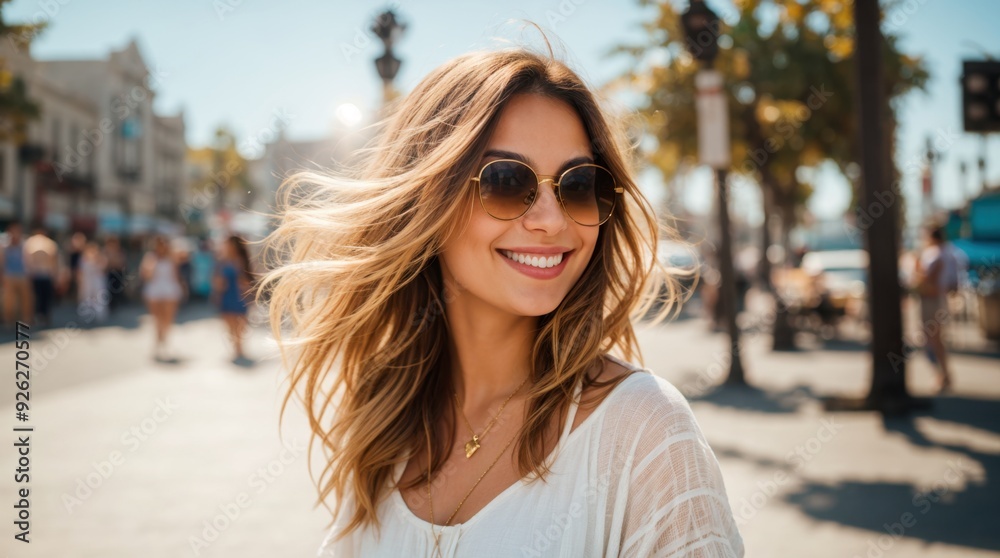 Pleased woman joyfully wearing shades on a sunny city block Pleased woman joyfully wearing shades on a sunny city block