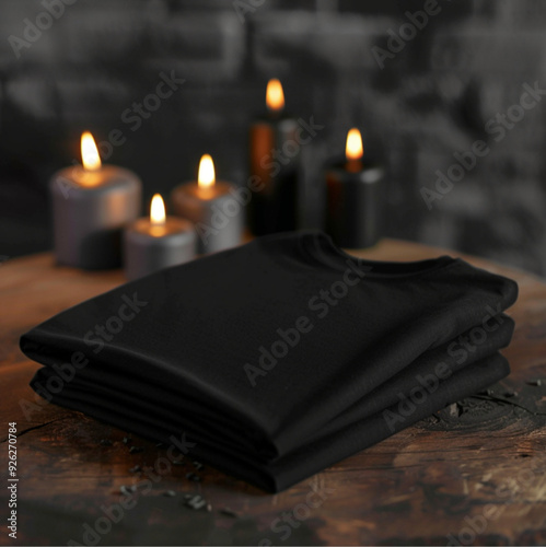 black a folded t-shirt for mock up in the air up on table in dark room with candles, dark style photo