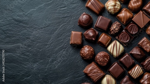 Top view of assorted chocolates on a dark background with ample space for text