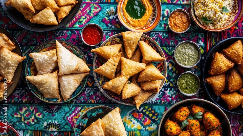 Top view of assorted Indian snacks like samosas and pakoras on a vibrant patterned tablecloth Top view of assorted Indian snacks like samosas and pakoras on a vibrant patterned tablecloth
