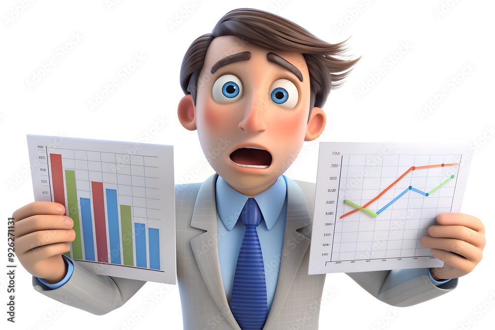 3D Cartoon Businessman Shocked Holding Two Charts Showing Decline and Rise 3D Cartoon Businessman Shocked Holding Two Charts Showing Decline and Rise
