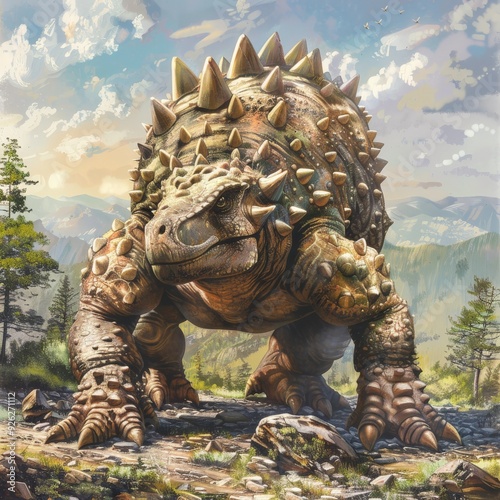 Ankylosaurus in Mountain Landscape. photo