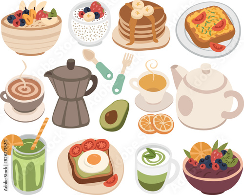 Healthy breakfast food and drink drawings with 15+ flat icon elements
