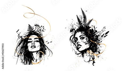 Detailed trendy design for natural products, wall art, social media, prints, invitations and branding design. Vector set of line drawings of decorated women's heads with flowers, plants and leaves.
