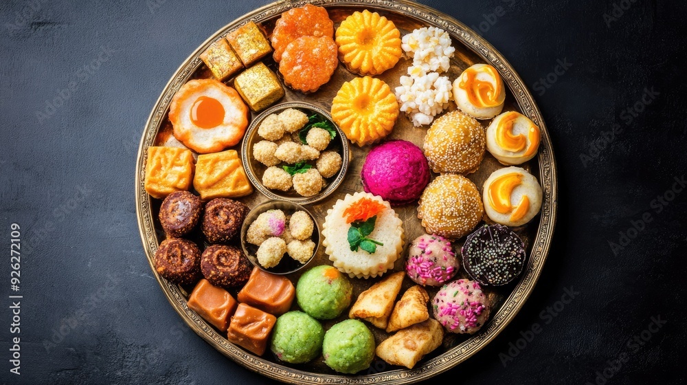 Top view of traditional Indian sweets assortment including laddoo, barfi, and jalebi on a festive platter Top view of traditional Indian sweets assortment including laddoo, barfi, and jalebi on a festive platter