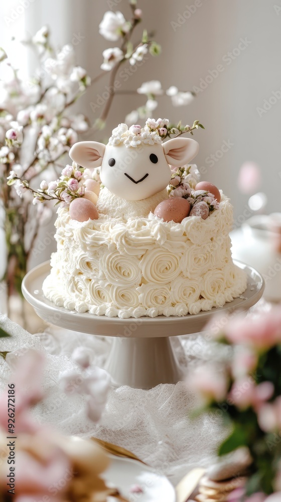 A festive cake adorned with a sheep and flowers, perfect for a spring birthday party