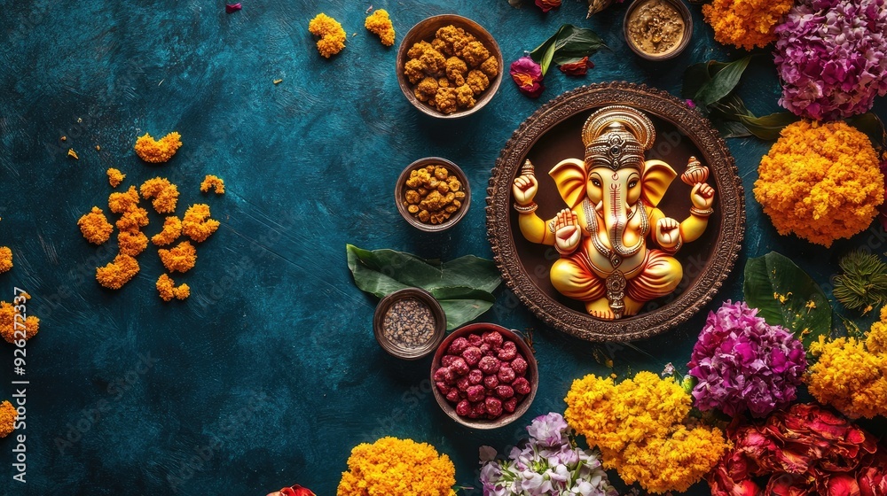 Fototapeta premium Top view of vibrant Ganesh Chaturthi decorations with flowers and sweets