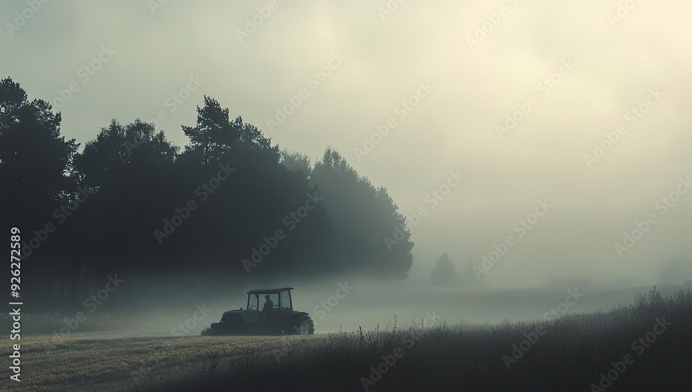 Fototapeta premium Tractor driving through a foggy field.