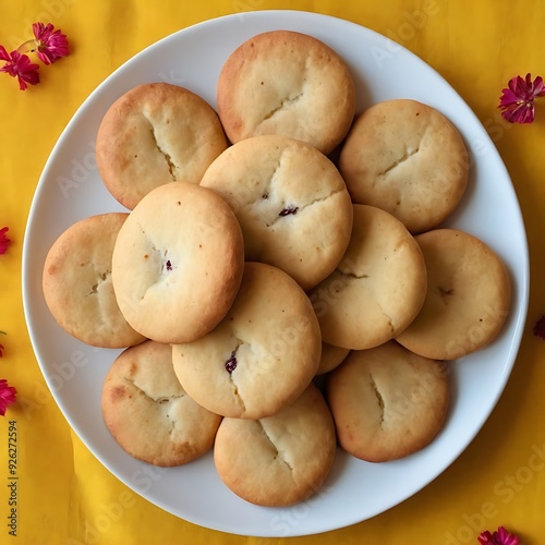 Fresh And Delicious Shortbread Biscuits or Cookies Nan Khatai Served in Plate Also called Nankhatai or Naan Khatai Popular