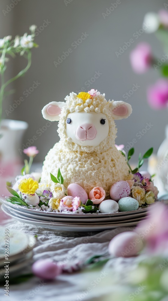 A delightful lamb-shaped cake is decorated with flowers and surrounded by pastel Easter eggs on a charming table setting A delightful lamb-shaped cake is decorated with flowers and surrounded by pastel Easter eggs on a charming table setting