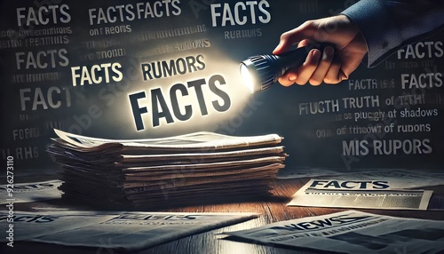 A stack of newspapers illuminated by a flashlight, highlighting the word 'facts' amidst 'rumors'.