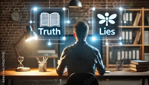 A person sitting at a desk, contemplating 'truth' and 'lies' icons, symbolizing media literacy and critical thinking. photo