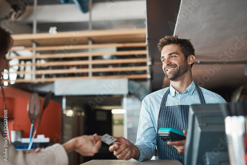 Vászonkép Barista, man and coffee payment at cafe with smile and customer service of waiter with card machine