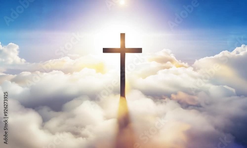 Christian Cross in Bright Sky, Holy Cross in the Sky between Clouds with the Sun Shining Behind, Christian Background Representing Heaven and Paradise