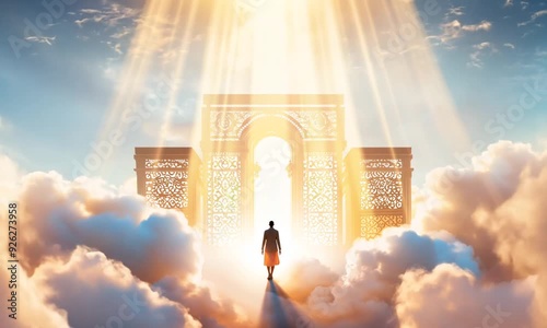 Church Concept of Worship and Praise, Heavenly Spirit, Human Walking on Clouds to Gate of Heaven, Angel in Sky Clouds, Hope and Believe Concept of God