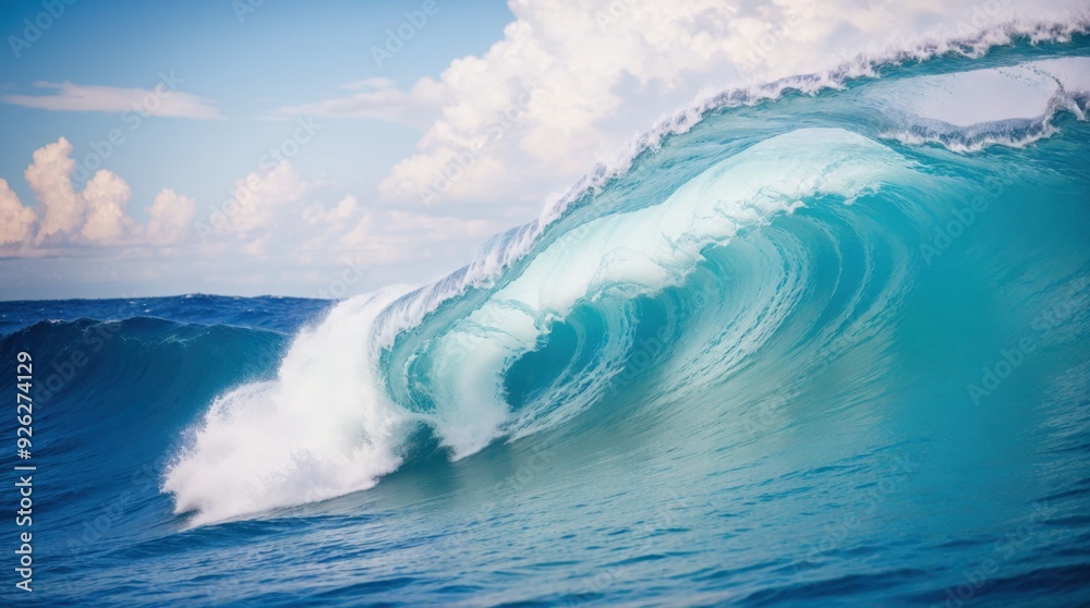 Majestic curling blue wave in the serene sunlit ocean Majestic curling blue wave in the serene sunlit ocean