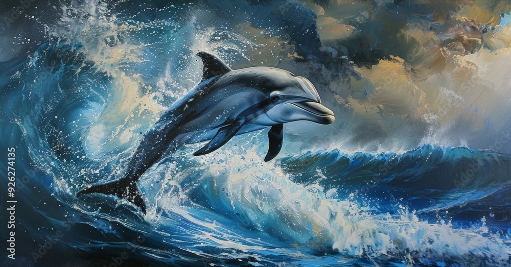 Naklejka premium Dolphin Leaping Through Waves.