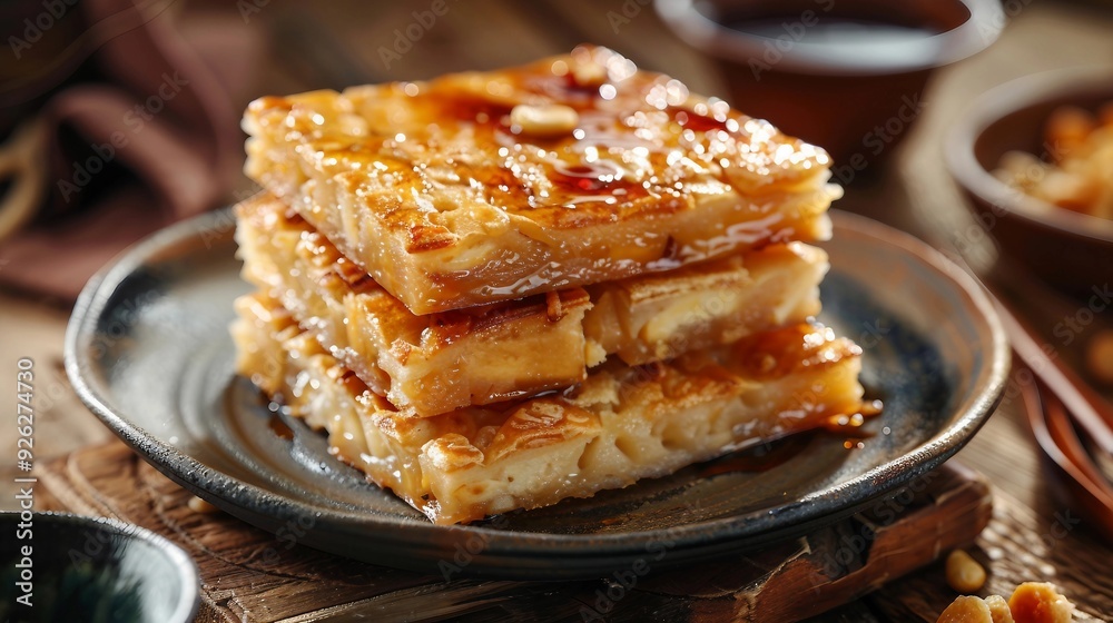 Celebrating Chinese Lunar New Year with Delicious Turnip Radish Cake in Local Cuisine Restaurant on Red Background with Soy Sauce, Close-up with Copy Space Celebrating Chinese Lunar New Year with Delicious Turnip Radish Cake in Local Cuisine Restaurant on Red Background with Soy Sauce, Close-up with Copy Space