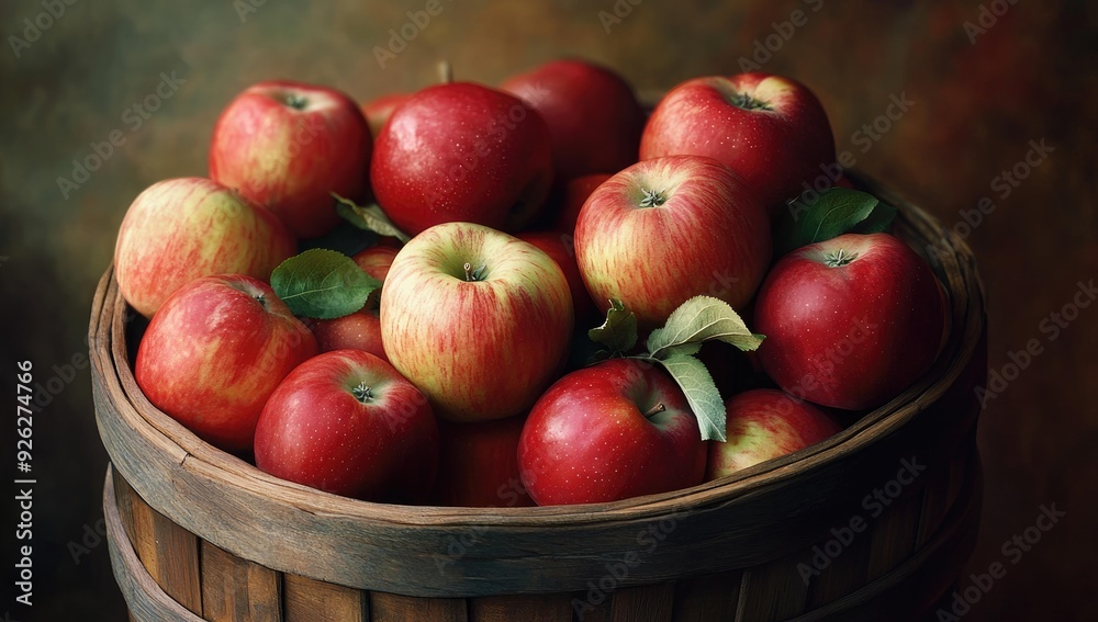 A wooden basket filled with red apples. A wooden basket filled with red apples.