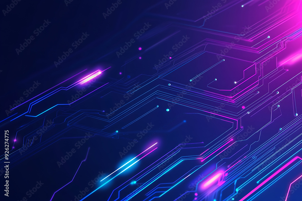Futuristic vector illustration of an abstract circuit board with neon blue and purple gradients, showcasing intricate digital patterns and tech elements Futuristic vector illustration of an abstract circuit board with neon blue and purple gradients, showcasing intricate digital patterns and tech elements