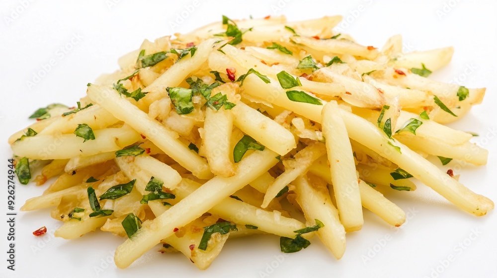 Flavorful Chinese Stir-Fried Shredded Potatoes - Traditional Asian Cuisine on White Background Isolated. Flavorful Chinese Stir-Fried Shredded Potatoes - Traditional Asian Cuisine on White Background Isolated.