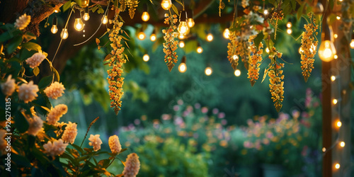 Night Wedding Ceremony with Circle Arch Flowers and Bulb Lights Outdoors
