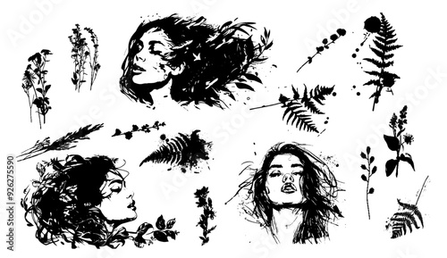 Detailed trendy design for natural products, wall art, social media, prints, invitations and branding design. Vector set of line drawings of decorated women's heads with flowers, plants and leaves.