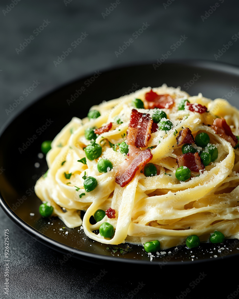 Pasta Carbonara on black plate Pasta Carbonara on black plate