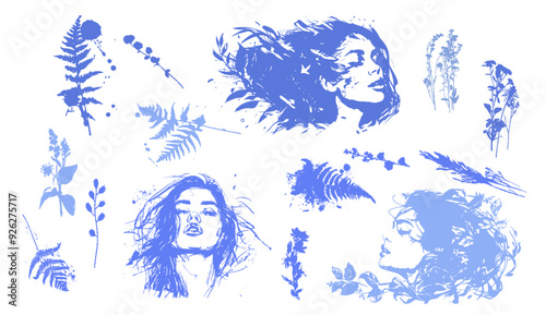 Detailed trendy design for natural products, wall art, social media, prints, invitations and branding design. Vector set of line drawings of decorated women's heads with flowers, plants and leaves.
