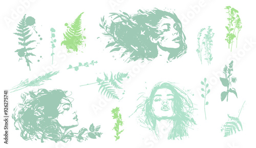 Detailed trendy design for natural products, wall art, social media, prints, invitations and branding design. Vector set of line drawings of decorated women's heads with flowers, plants and leaves.