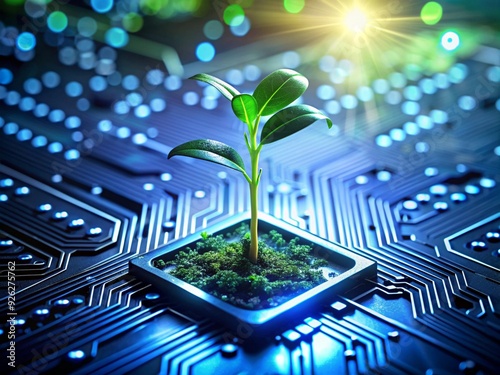 A young plant sprouting from a high-tech circuit board, symbolizing the intersection of nature and technology, with a focus on sustainability and green innovation