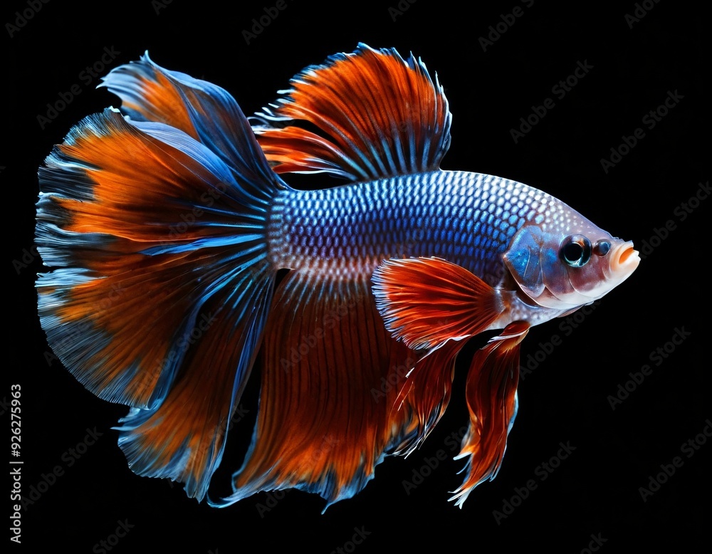 Siamese Fighting fish, multi colors betta, Thai national fish, Fish isolated on a black background. The action of the fish turning its head in various directions during swimming. Ai generated image. Siamese Fighting fish, multi colors betta, Thai national fish, Fish isolated on a black background. The action of the fish turning its head in various directions during swimming. Ai generated image.
