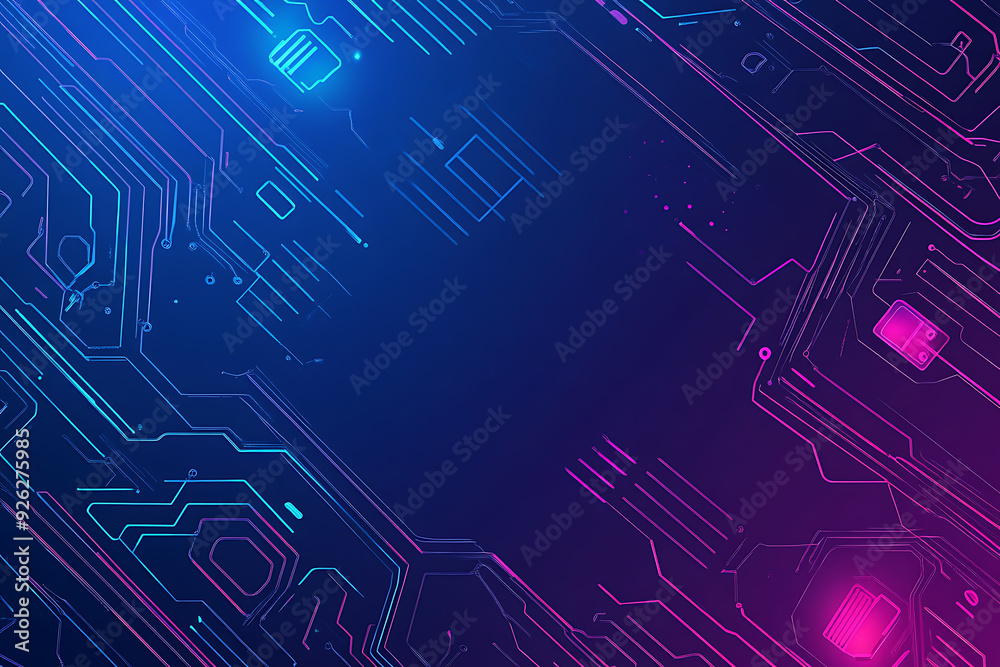 Futuristic vector illustration of an abstract circuit board with neon blue and purple gradients, showcasing intricate digital patterns and tech elements Futuristic vector illustration of an abstract circuit board with neon blue and purple gradients, showcasing intricate digital patterns and tech elements