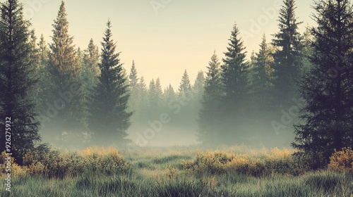 Beautiful forest landscape with fog and a pine tree, Spring nature scene.