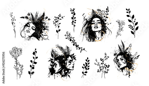 Detailed trendy design for natural products, wall art, social media, prints, invitations and branding design. Vector set of line drawings of decorated women's heads with flowers, plants and leaves.