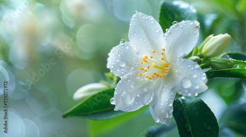 Close-up of White Flower with Dew Drops.