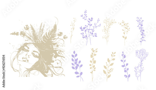 Detailed trendy design for natural products, wall art, social media, prints, invitations and branding design. Vector set of line drawings of decorated women's heads with flowers, plants and leaves.